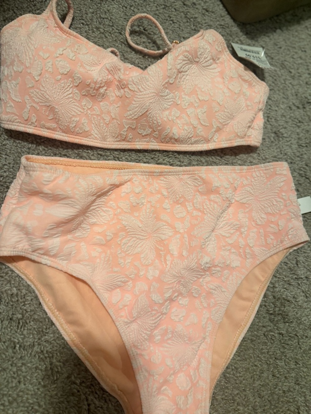 High-Waist Bikini Set in Soft Peach with Floral Texture